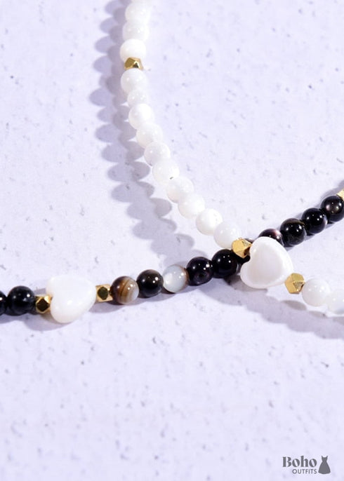 Boho Necklace,Seed Bead Choker, Black and White Crystal